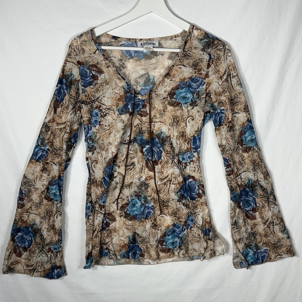 Vintage Floral Long Sleeve Mesh Top Blue